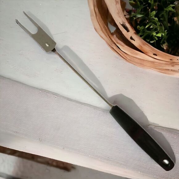 Vintage FOLEY Meat Fork Chrome Plated Carving Serving Black Handle USA Retro - Picture 16 of 16